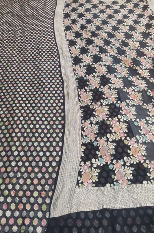 Black Handloom Banarasi Pure Georgette Brush Dyed Suit - Luxurion World