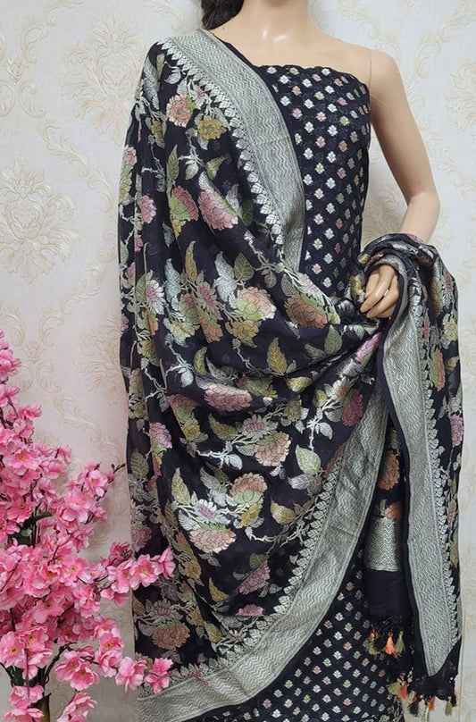 Black Handloom Banarasi Pure Georgette Georgette Brush Dye Unstitched Suit Set - Luxurion World