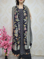Black Handloom Banarasi Pure Georgette Georgette Brush Dye Unstitched Suit Set - Luxurion World