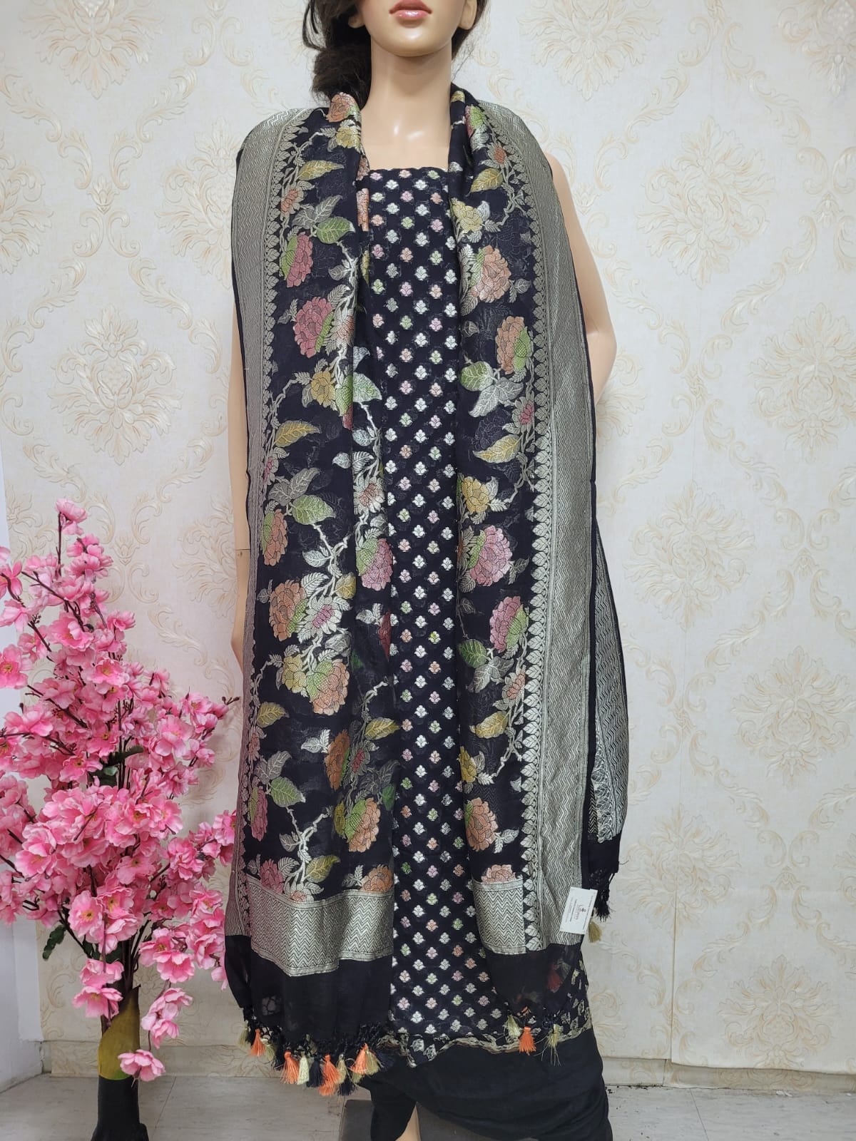 Black Handloom Banarasi Pure Georgette Georgette Brush Dye Unstitched Suit Set - Luxurion World