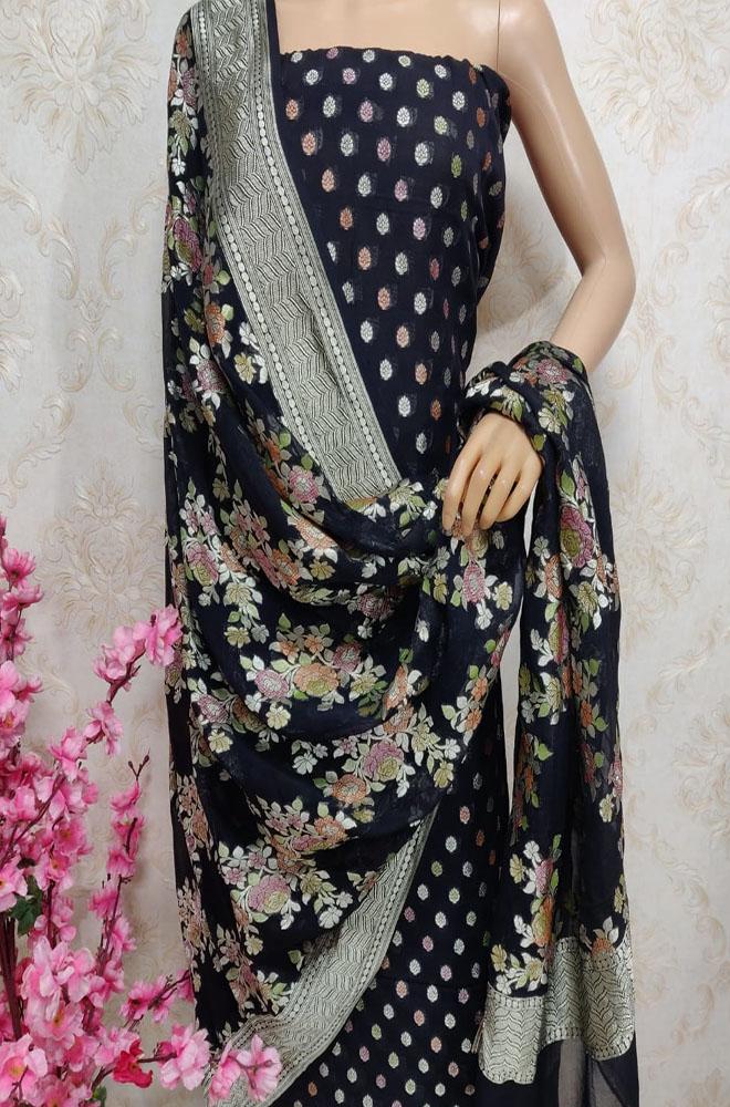 Black Handloom Banarasi Pure Georgette Three Piece Unstitched Suit Set With Brush Dye Dupatta - Luxurion World