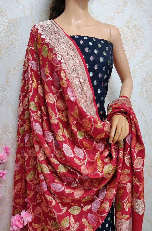 Black Handloom Banarasi Pure Georgette Three Piece Unstitched Suit Set With Brush Dye Dupatta - Luxurion World