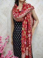 Black Handloom Banarasi Pure Georgette Three Piece Unstitched Suit Set With Brush Dye Dupatta - Luxurion World