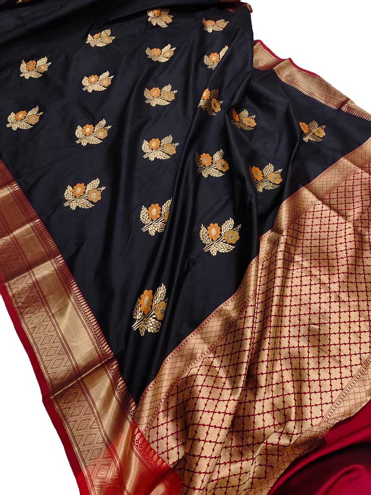 Black Handloom Banarasi Pure Katan Silk Saree - Luxurion World