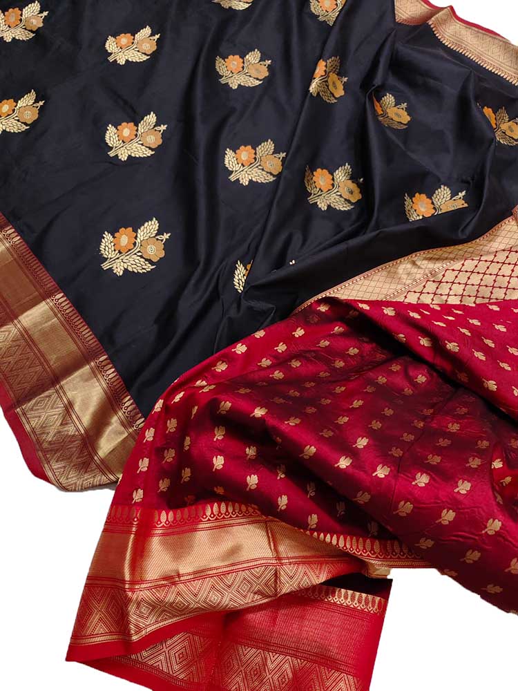 Black Handloom Banarasi Pure Katan Silk Saree