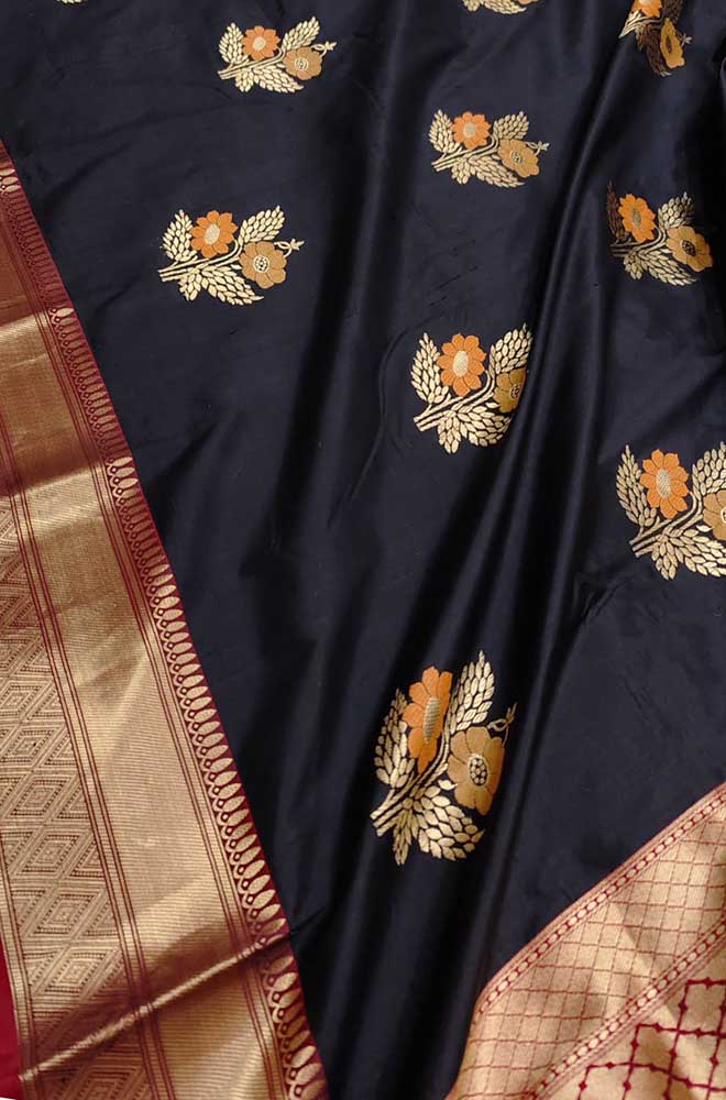 Black Handloom Banarasi Pure Katan Silk Saree