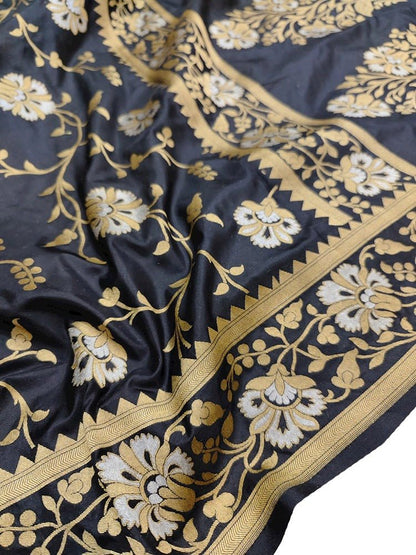Black Handloom Banarasi Pure Katan Silk Sona Roopa Dupatta - Luxurion World