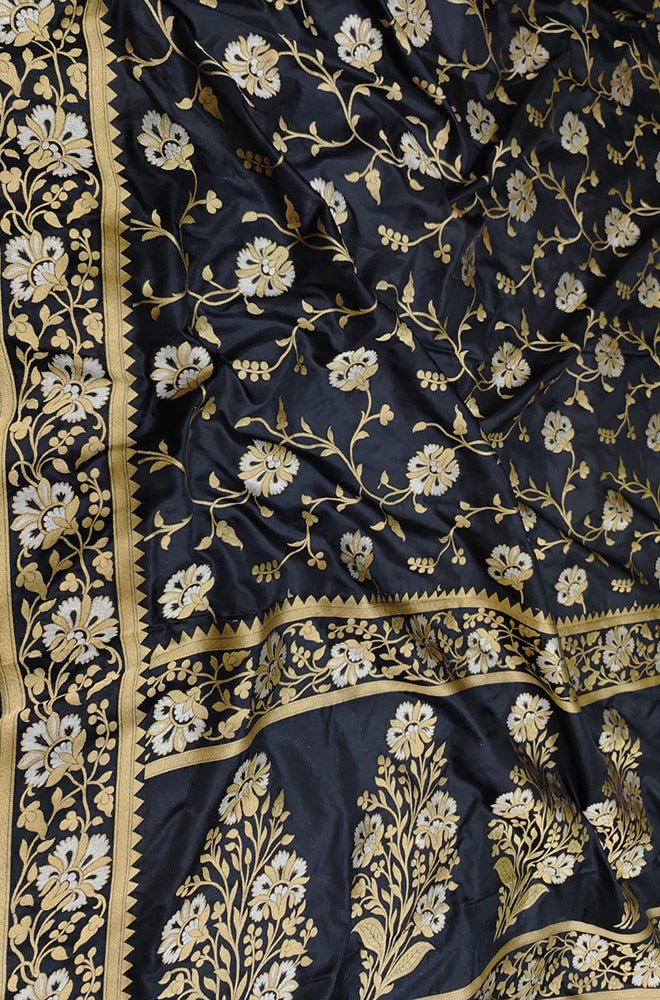 Black Handloom Banarasi Pure Katan Silk Sona Roopa Dupatta - Luxurion World