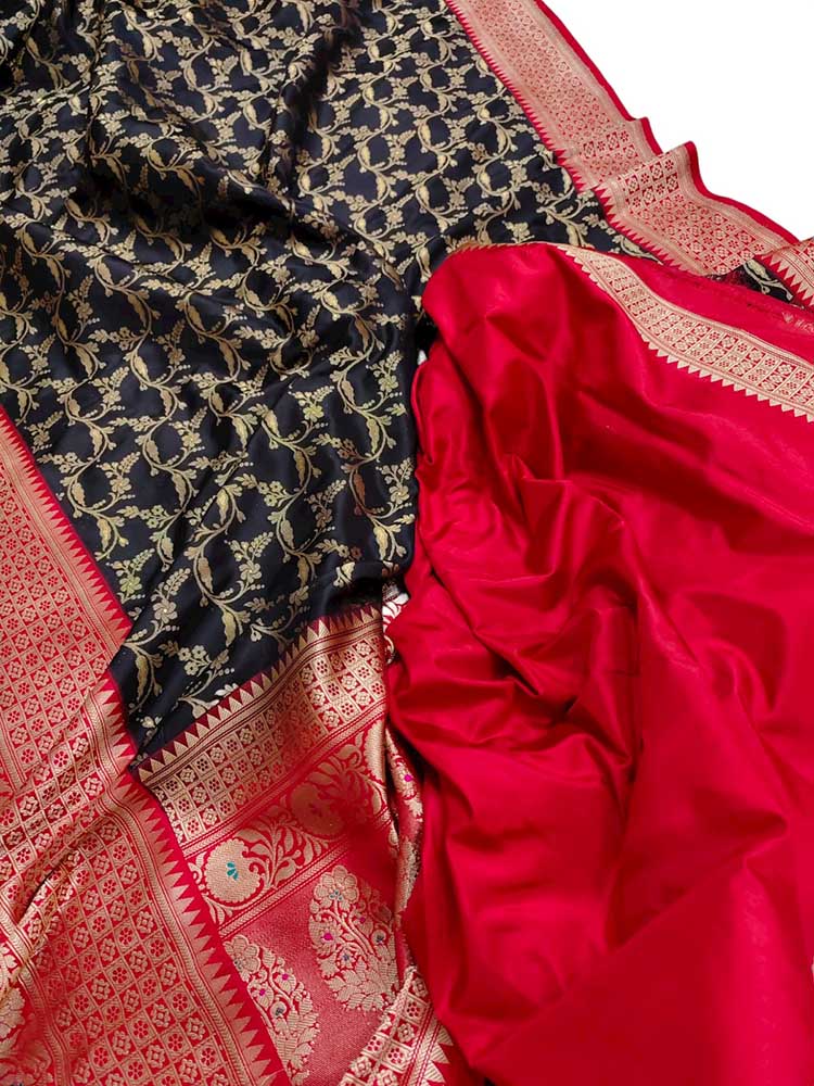Black Handloom Banarasi Pure Katan Silk Tanchui Work Saree - Luxurion World