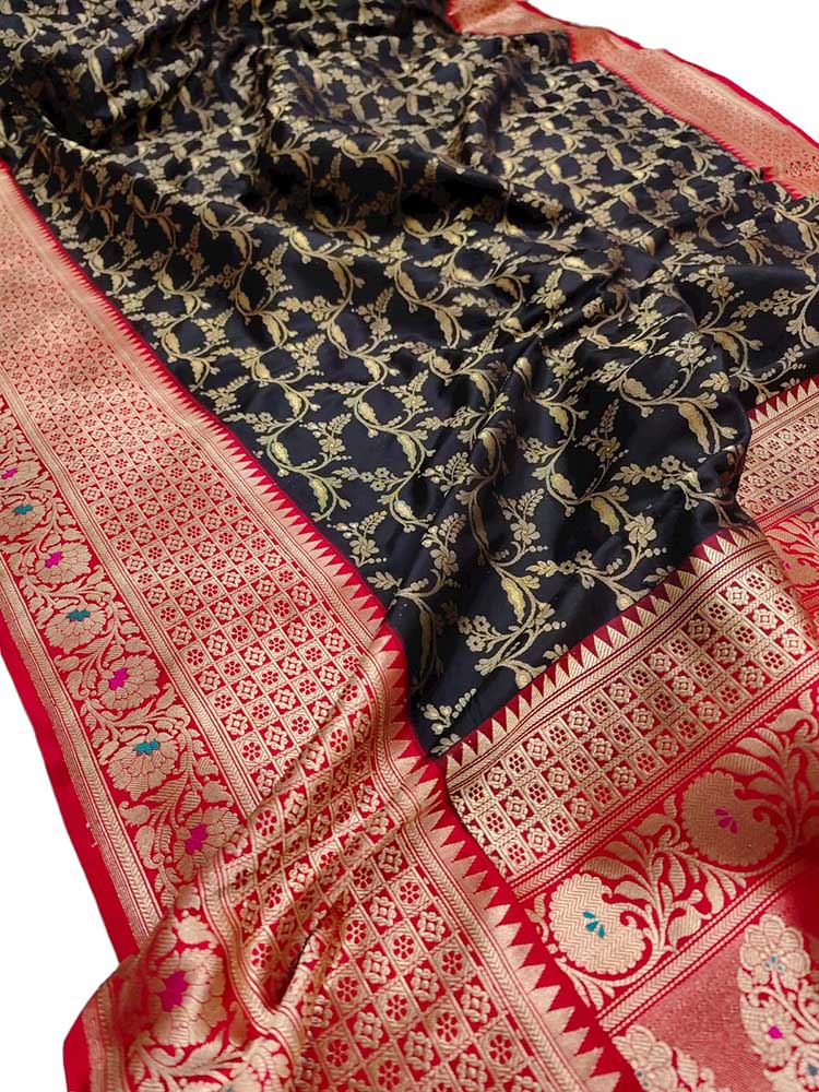 Black Handloom Banarasi Pure Katan Silk Tanchui Work Saree - Luxurion World
