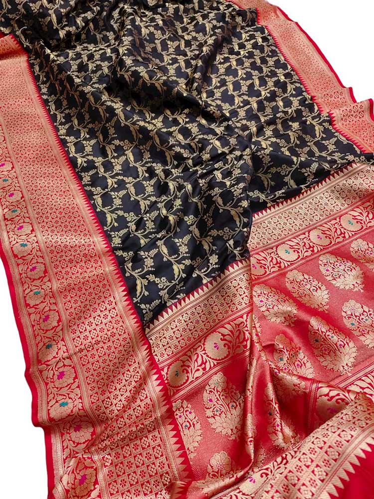Black Handloom Banarasi Pure Katan Silk Tanchui Work Saree - Luxurion World