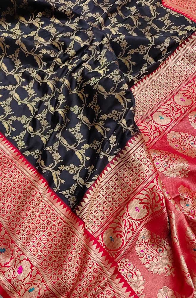 Black Handloom Banarasi Pure Katan Silk Tanchui Work Saree - Luxurion World