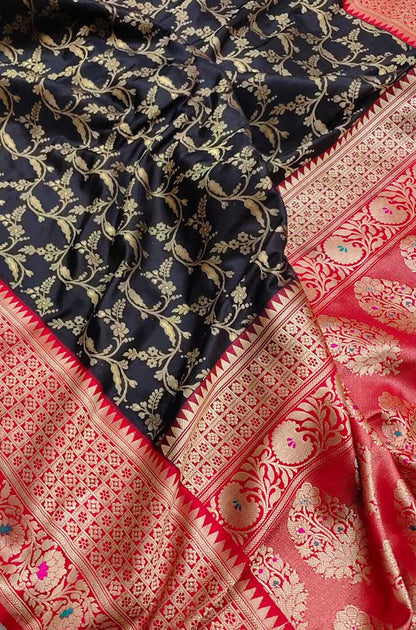 Black Handloom Banarasi Pure Katan Silk Tanchui Work Saree - Luxurion World
