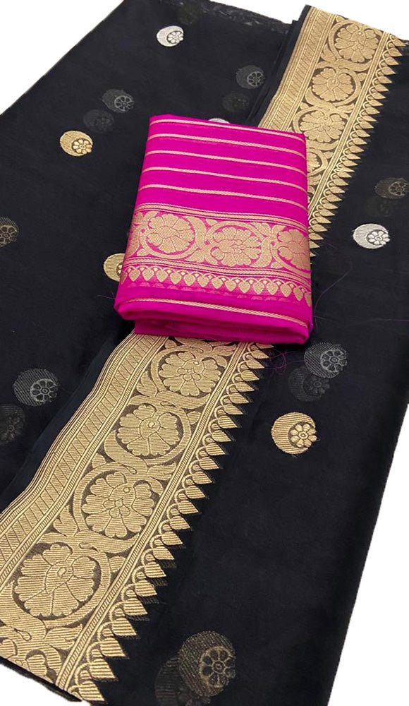Black Handloom Banarasi Pure Kora Organza Silk Chand Boota Sona Roopa Saree - Luxurion World