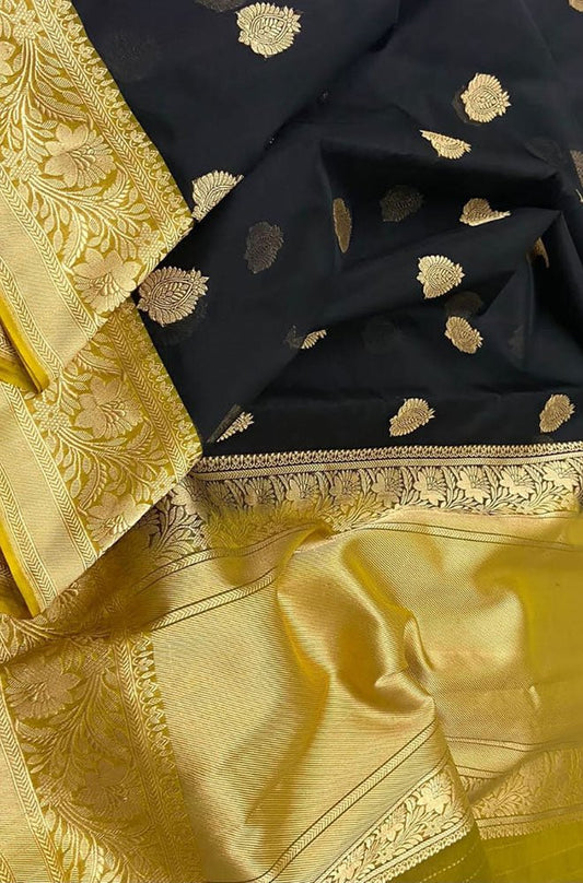 Black Handloom Banarasi Pure Kora Silk Saree - Luxurion World