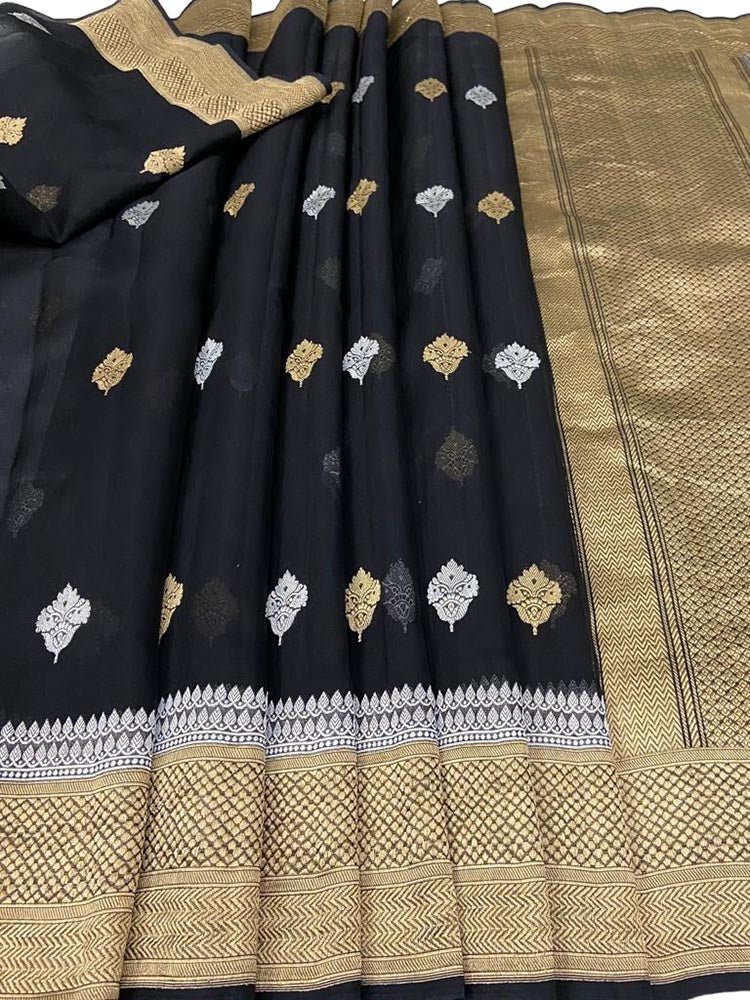 Black Handloom Banarasi Pure Kora Silk Sona Roopa Saree - Luxurion World