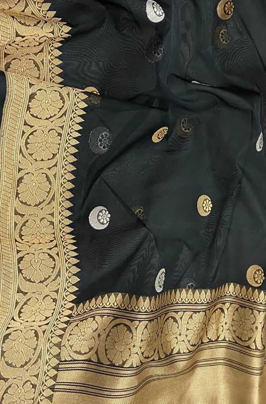 Black Handloom Banarasi Pure Kora Silk Sona Roopa Saree - Luxurion World