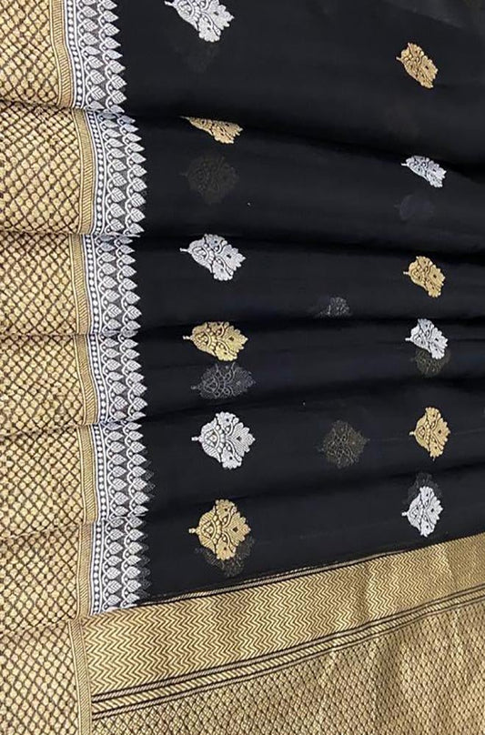 Black Handloom Banarasi Pure Kora Silk Sona Roopa Saree - Luxurion World
