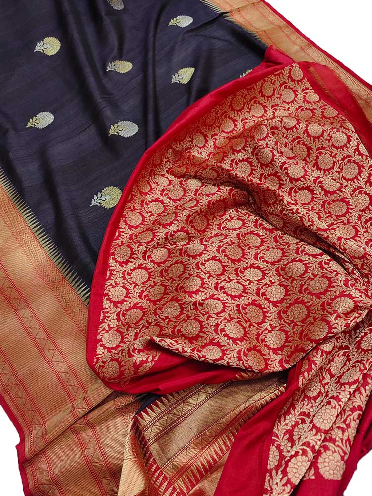 Black Handloom Banarasi Pure Tussar Silk Sona Roopa Saree - Luxurion World