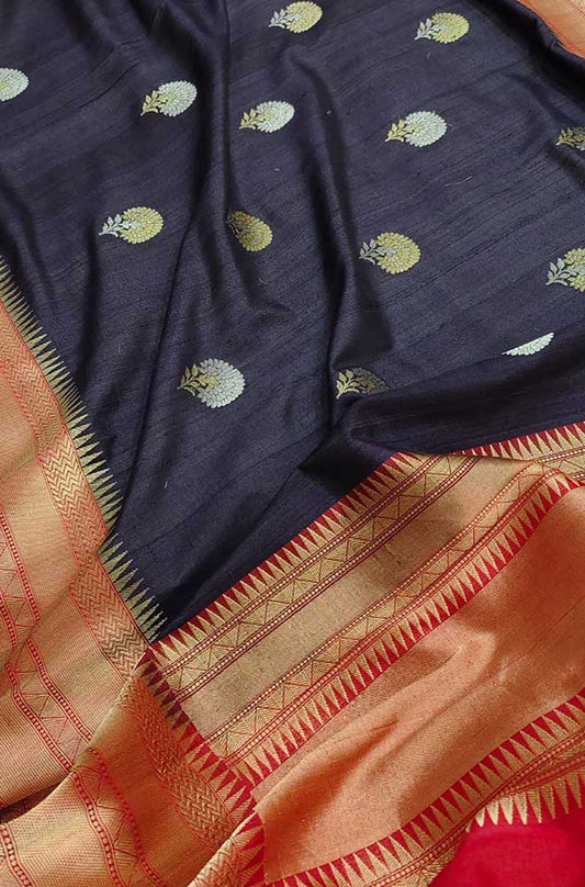 Black Handloom Banarasi Pure Tussar Silk Sona Roopa Saree - Luxurion World