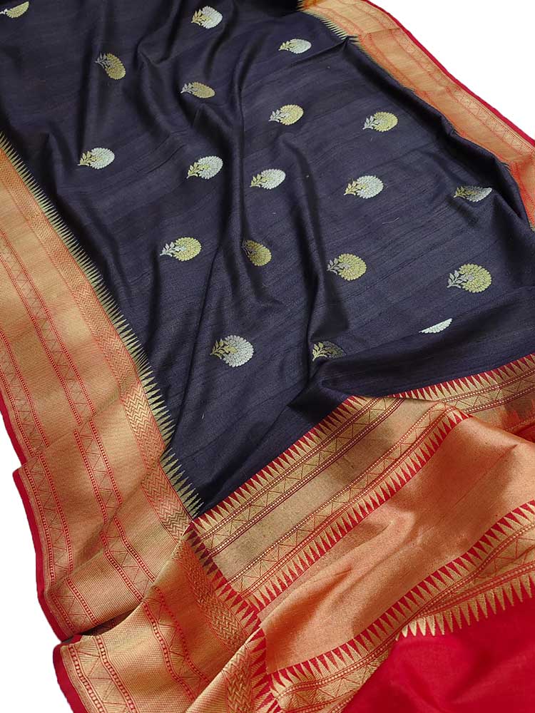 Black Handloom Banarasi Pure Tussar Silk Sona Roopa Saree - Luxurion World
