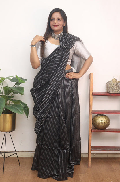 Black Handloom Bengal Tussar Cotton Silver Zari Stripe Design Saree - Luxurion World