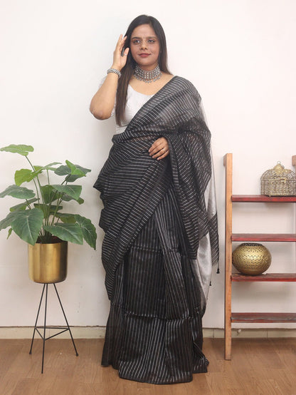 Black Handloom Bengal Tussar Cotton Silver Zari Stripe Design Saree