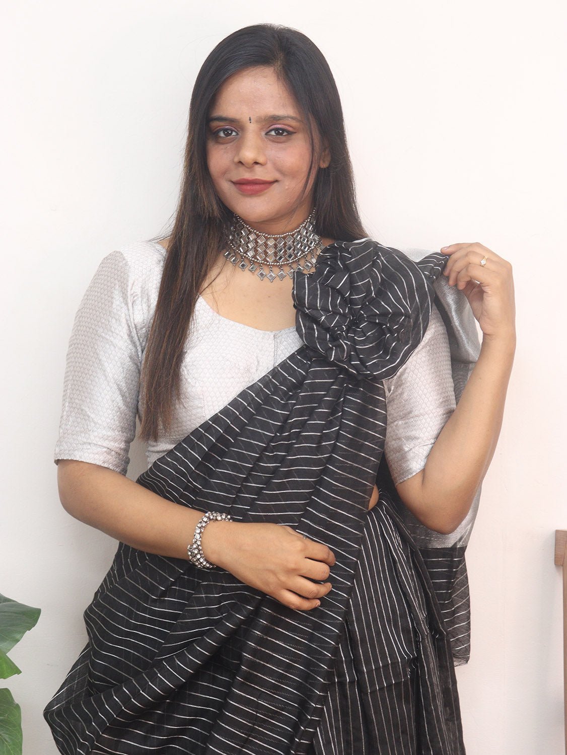 Black Handloom Bengal Tussar Cotton Silver Zari Stripe Design Saree