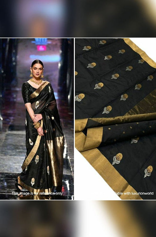 Black Handloom Chanderi Pure Silk Saree - Luxurion World