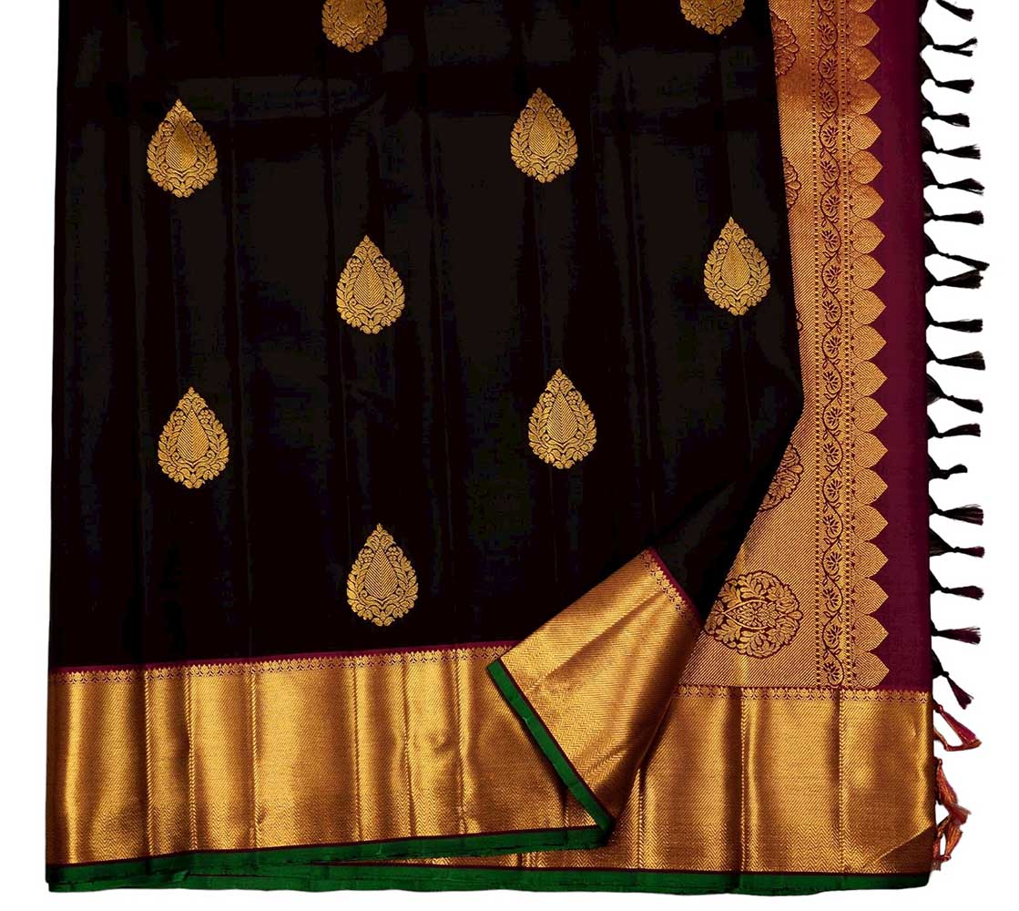 Black Handloom Kanjeevaram Pure Silk Saree - Luxurion World