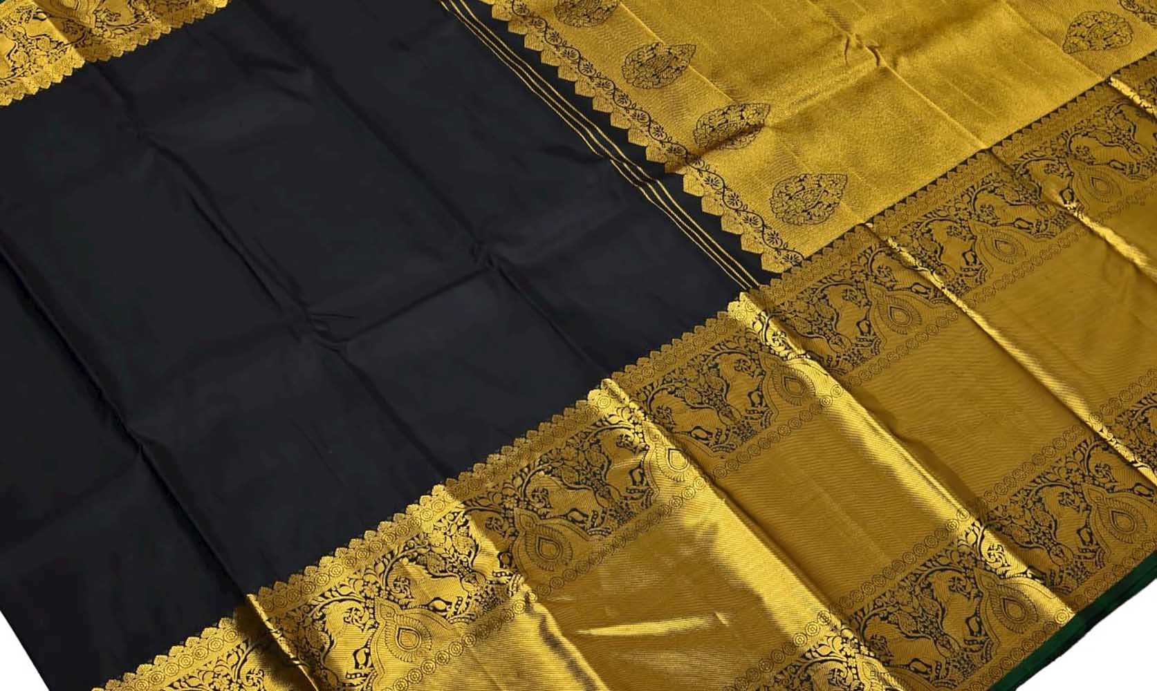 Black Handloom Kanjeevaram Pure Silk Saree - Luxurion World