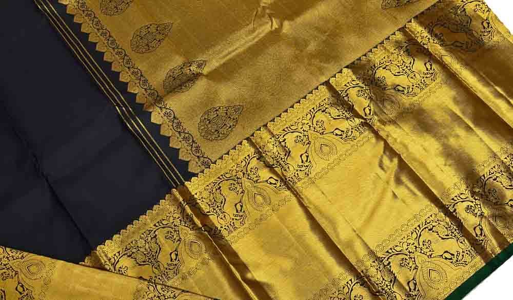 Black Handloom Kanjeevaram Pure Silk Saree - Luxurion World