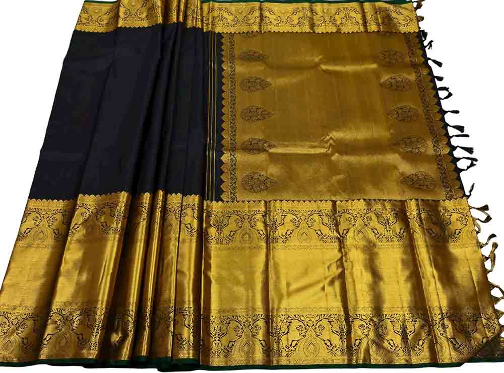 Black Handloom Kanjeevaram Pure Silk Saree - Luxurion World