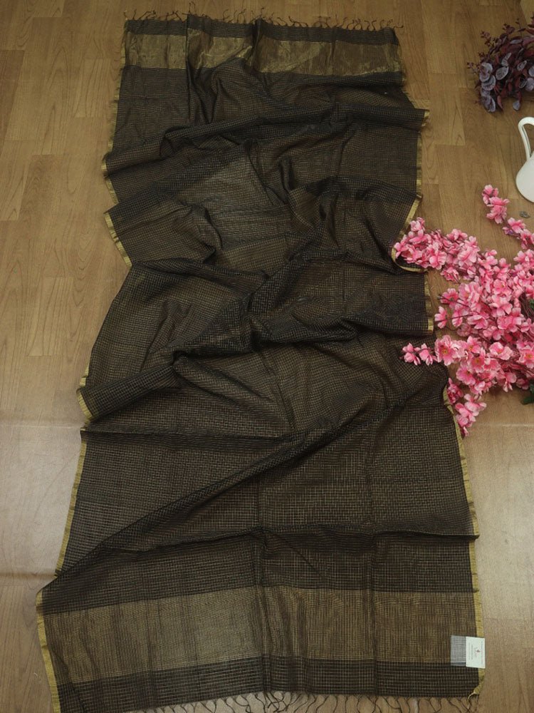 Black Handloom Maheshwari Silk Cotton Dupatta - Luxurion World