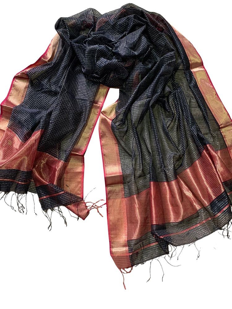 Black Handloom Maheshwari Silk Cotton Dupatta - Luxurion World