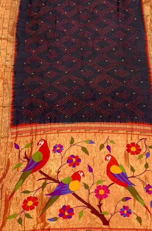 Black Handloom Paithani Bandhani Pure Silk Saree - Luxurion World