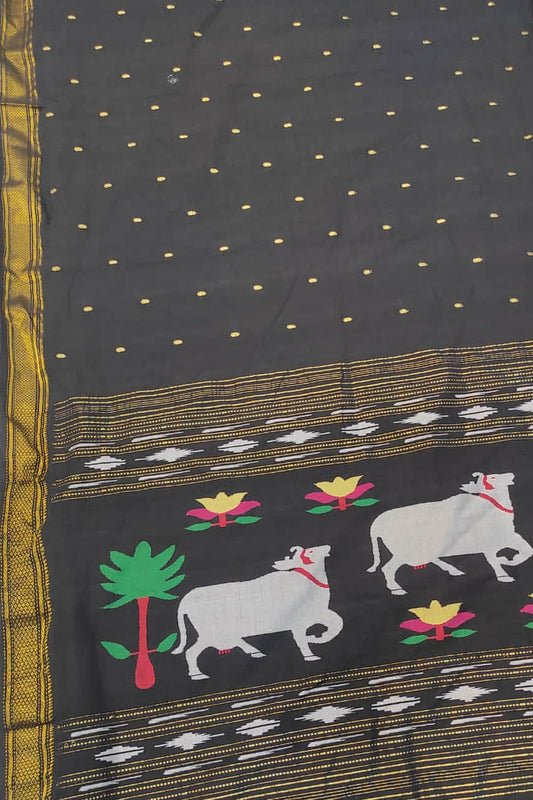 Black Handloom Paithani Pure Cotton Cow Design Saree - Luxurion World