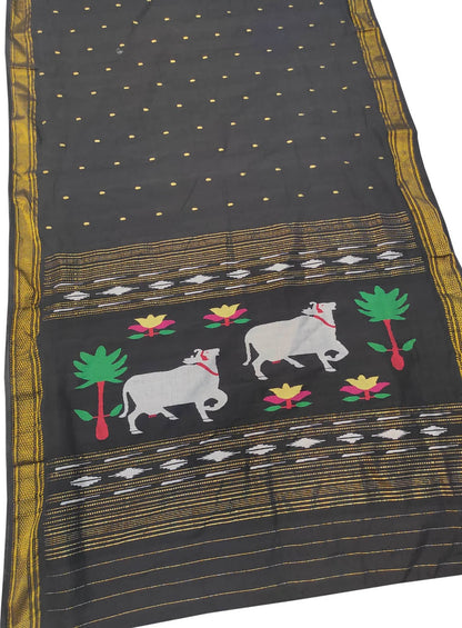 Black Handloom Paithani Pure Cotton Cow Design Saree