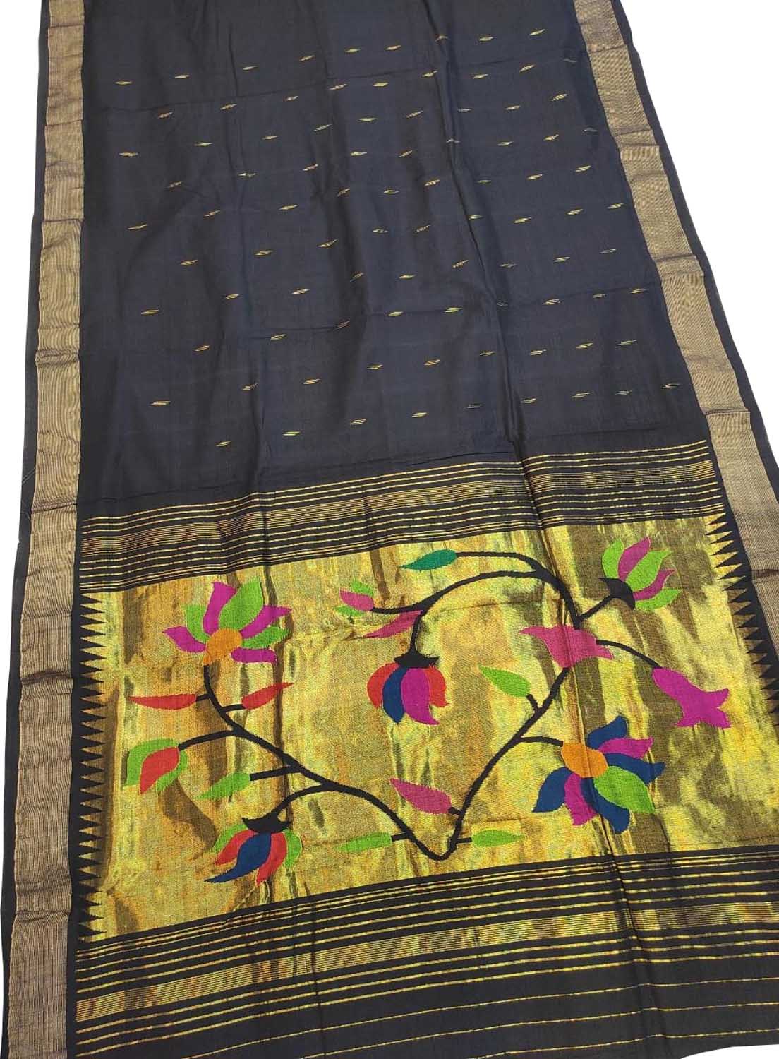 Black Handloom Paithani Pure Cotton Floral Design Saree Luxurionworld