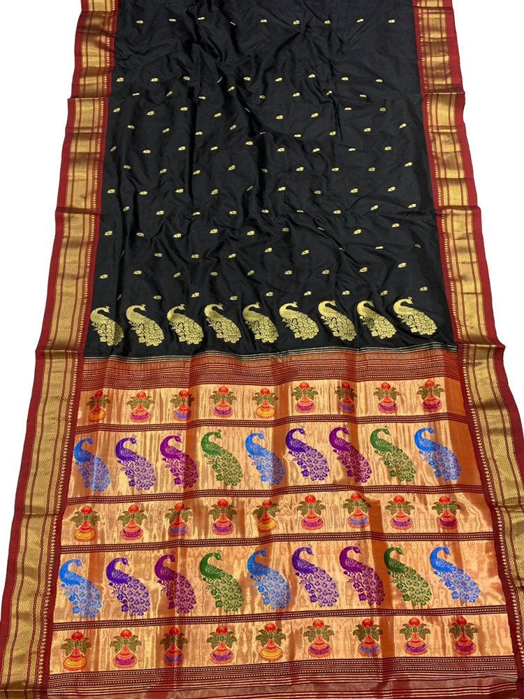 Black Handloom Paithani Pure Silk Saree - Luxurion World