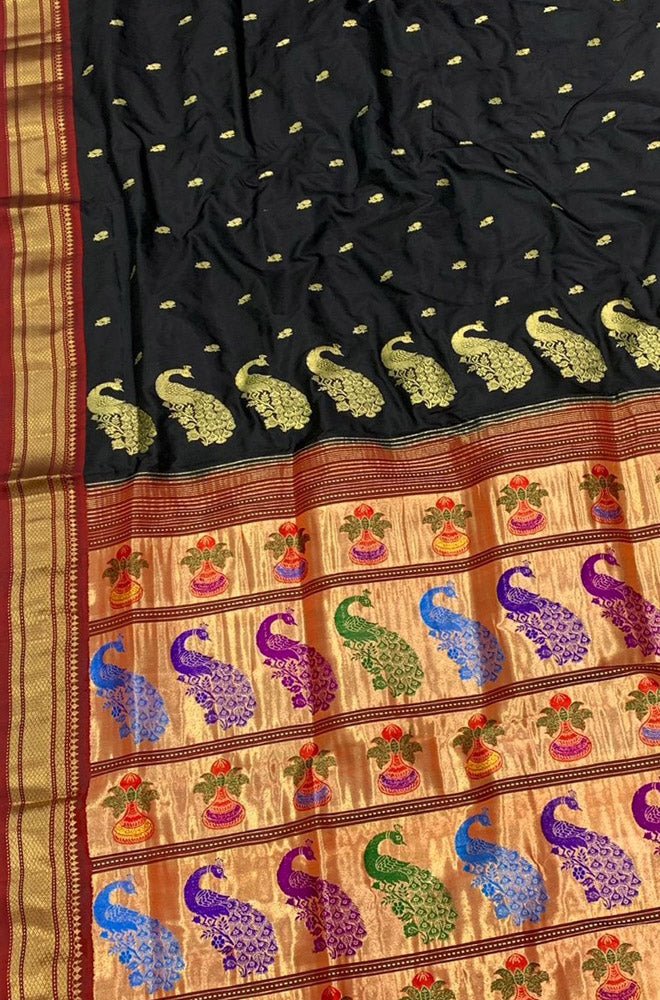 Black Handloom Paithani Pure Silk Saree - Luxurion World