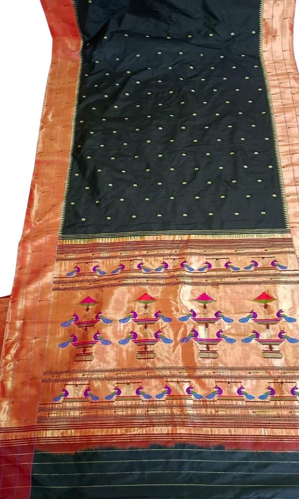 Black Handloom Paithani Pure Silk Triple Muniya Border Peacock Design Saree