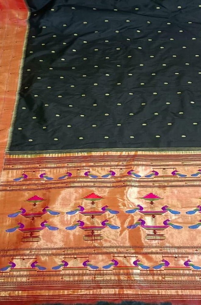 Black Handloom Paithani Pure Silk Triple Muniya Border Peacock Design Saree
