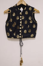 Black Banarasi Silk High Neck Fancy Button Non Padded Blouse - Luxurion World