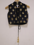 Black Banarasi Silk High Neck Fancy Button Non Padded Blouse - Luxurion World