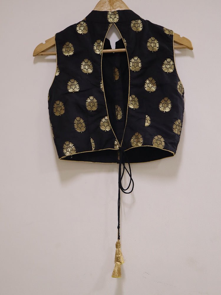 Black Banarasi Silk High Neck Fancy Button Non Padded Blouse - Luxurion World