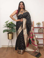 Black Paithani Silk Bird And Flower Design Muniya Border Saree - Luxurion World
