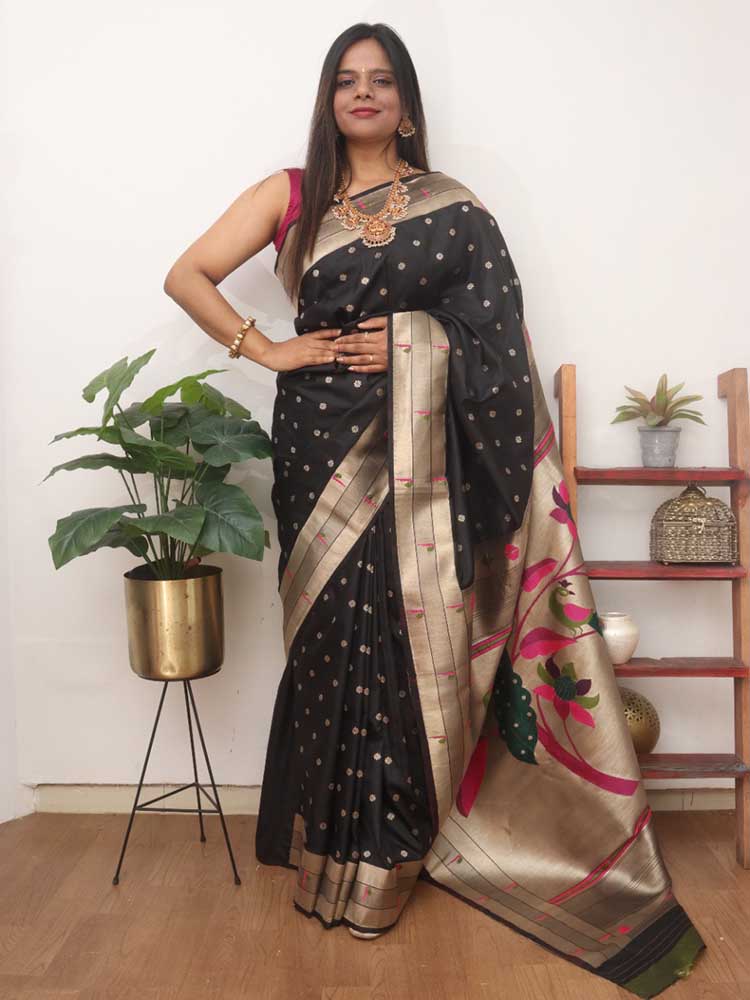 Black Paithani Silk Bird And Flower Design Muniya Border Saree - Luxurion World