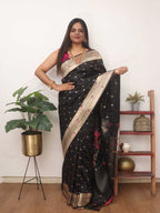 Black Paithani Silk Bird And Flower Design Muniya Border Saree - Luxurion World