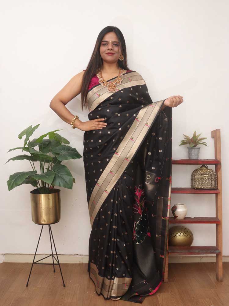 Black Paithani Silk Bird And Flower Design Muniya Border Saree - Luxurion World